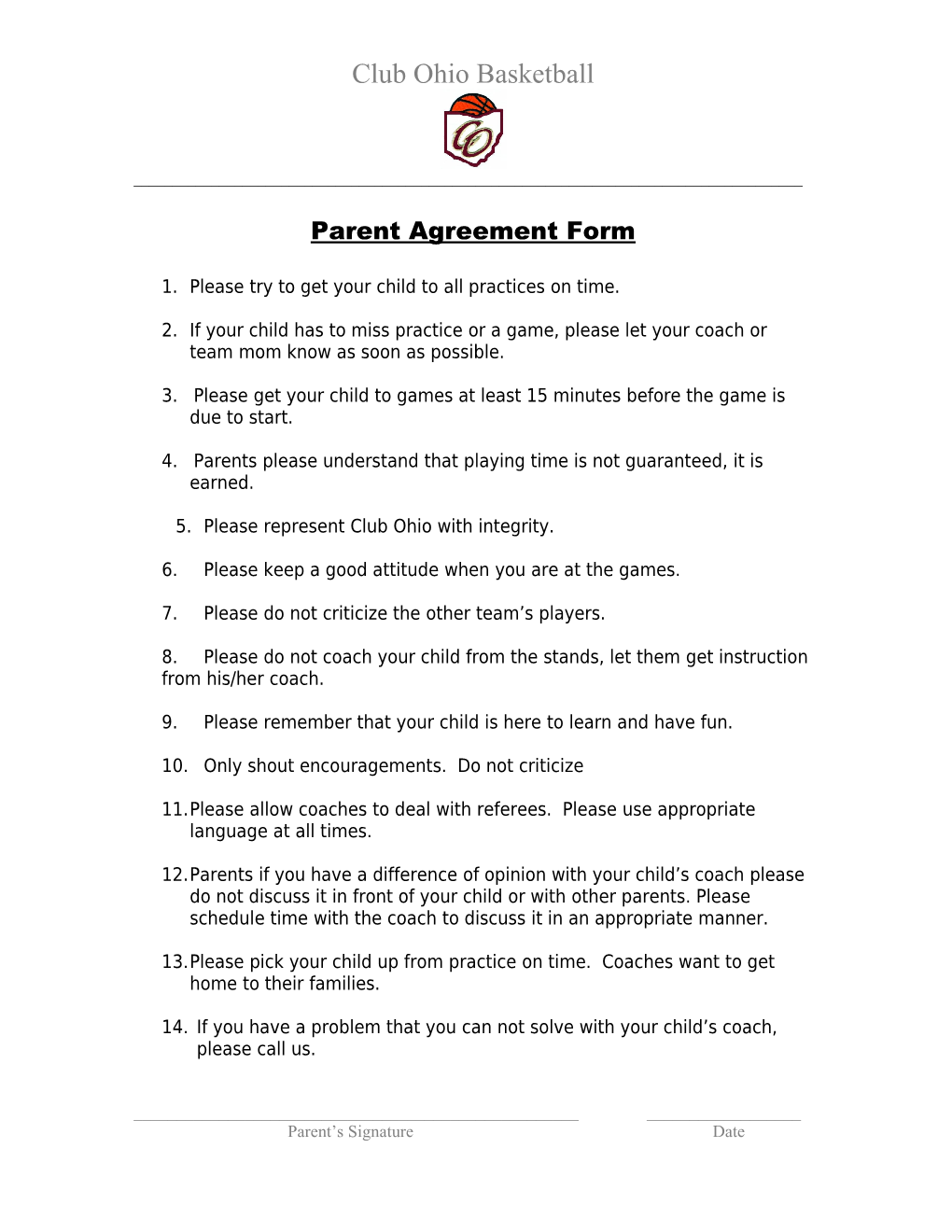 Parent Agreement Form