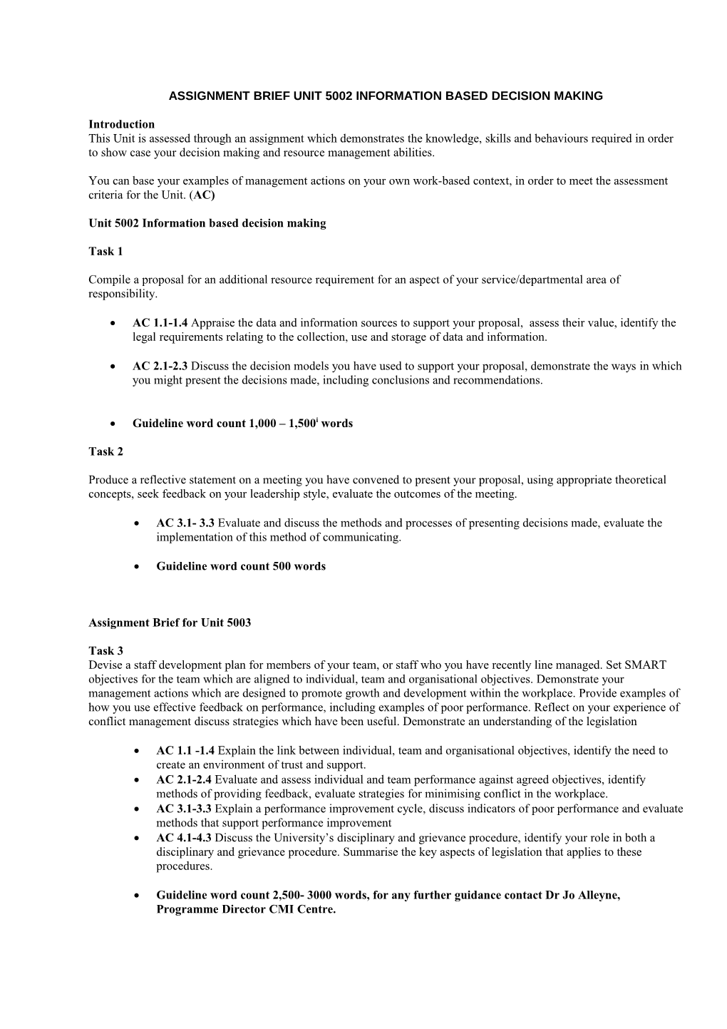 Assignment Brief Unit 5002 Information Based Decision Making