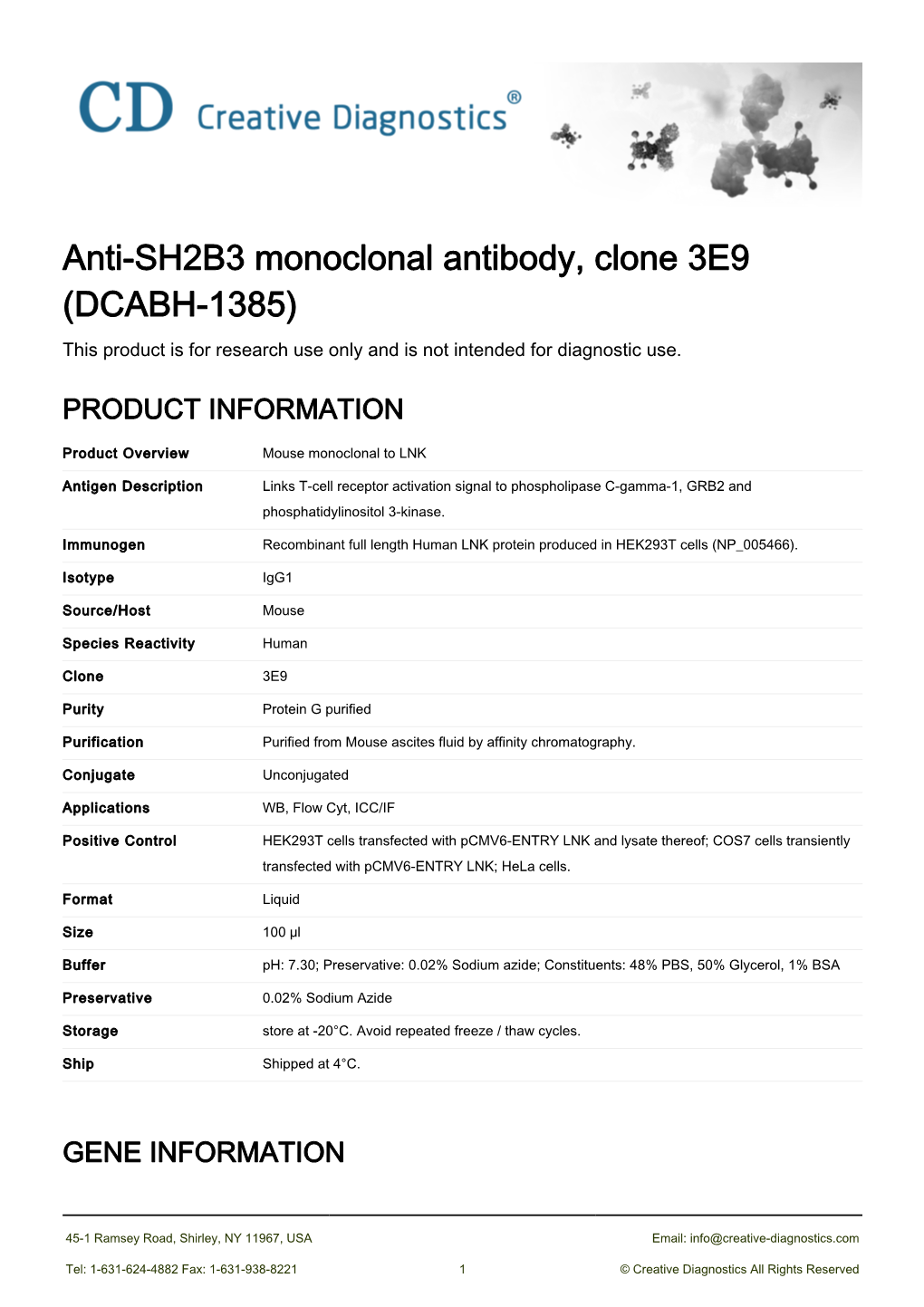 Anti-SH2B3 Monoclonal Antibody, Clone 3E9 (DCABH-1385) This Product Is for Research Use Only and Is Not Intended for Diagnostic Use