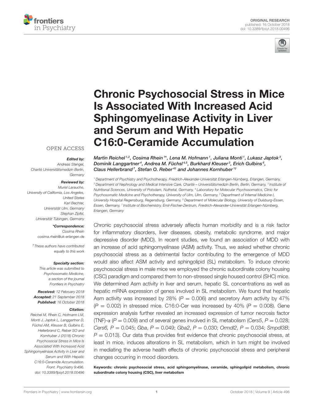 Chronic Psychosocial Stress in Mice Is Associated with Increased Acid Sphingomyelinase Activity in Liver and Serum and with Hepatic C16:0-Ceramide Accumulation