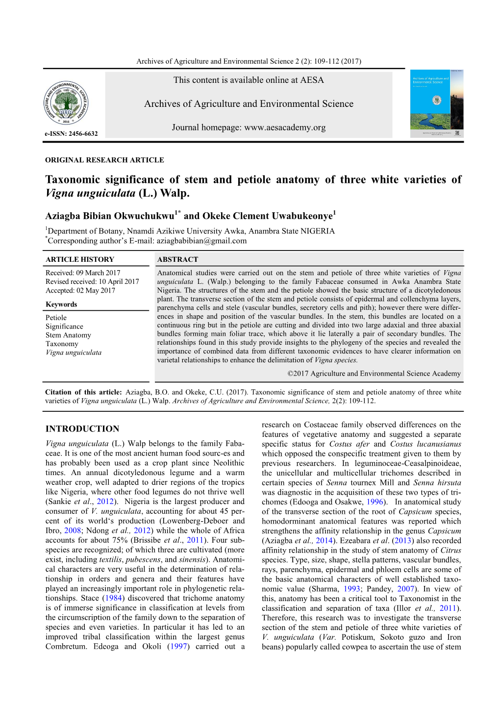 Taxonomic Significance of Stem and Petiole Anatomy of Three White Varieties of Vigna Unguiculata (L.) Walp