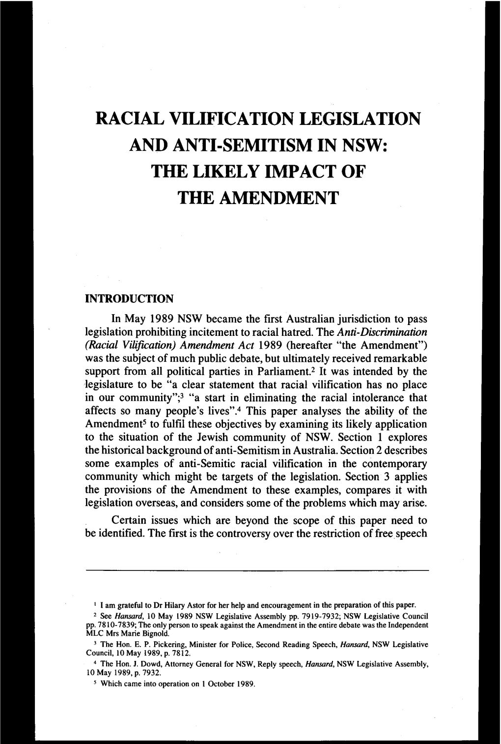 Racial Vilification Legislation and Anti-Semitism in Nsw: the Likely Impact of the Amendment