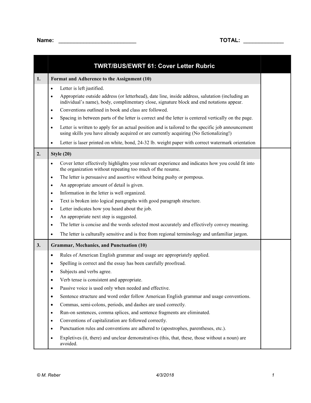 Narrative Paper Grading Rubric