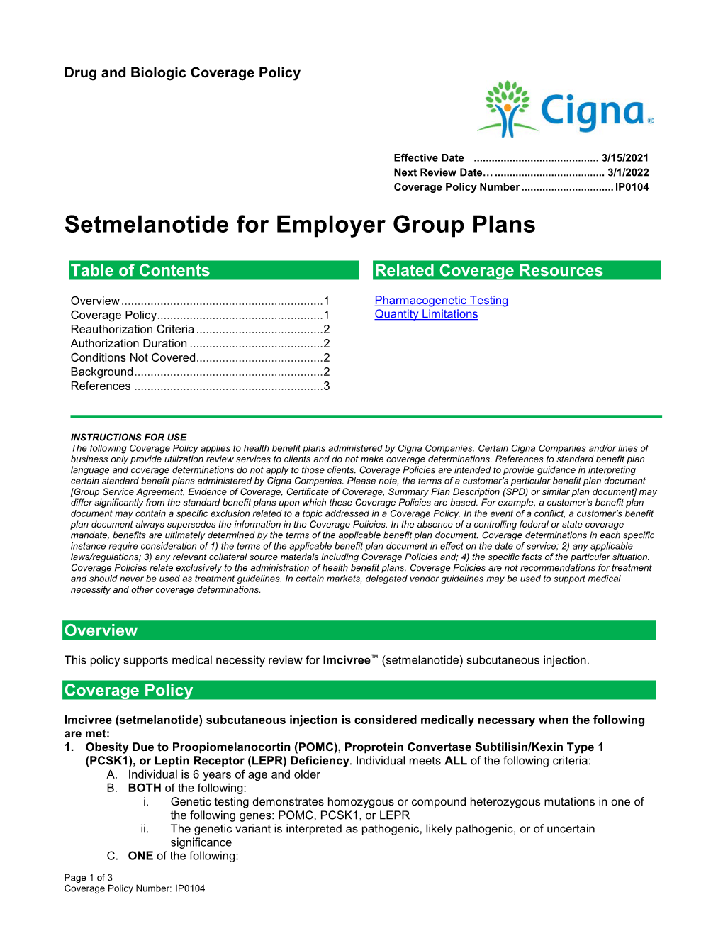 Setmelanotide for Employer Group Plans