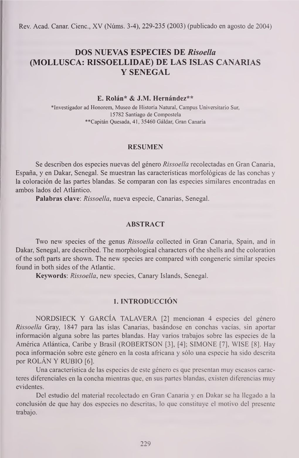 DOS NUEVAS ESPECIES DE Risoella (MOLLUSCA: RISSOELLIDAE) DE LAS ISLAS CANARIAS Y SENEGAL