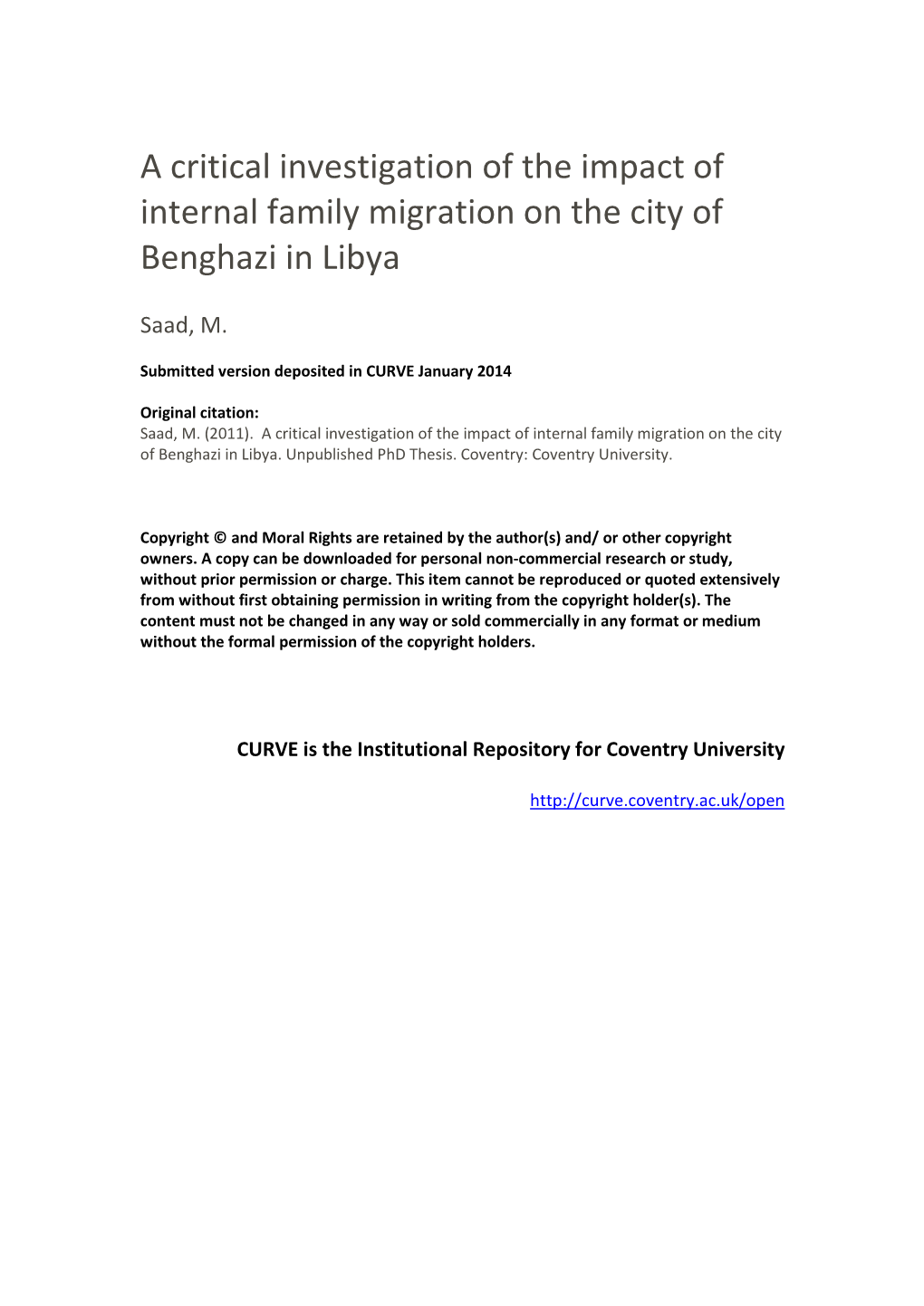 A Critical Investigation of the Impact of Internal Family Migration on the City of Benghazi in Libya