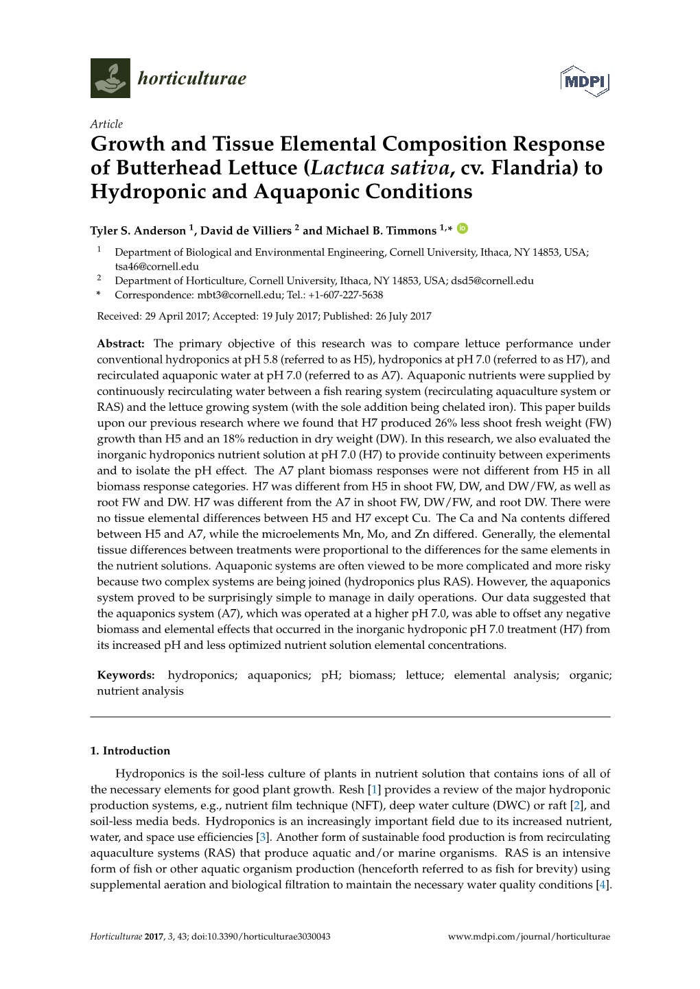 (Lactuca Sativa, Cv. Flandria) to Hydroponic and Aquaponic Conditions