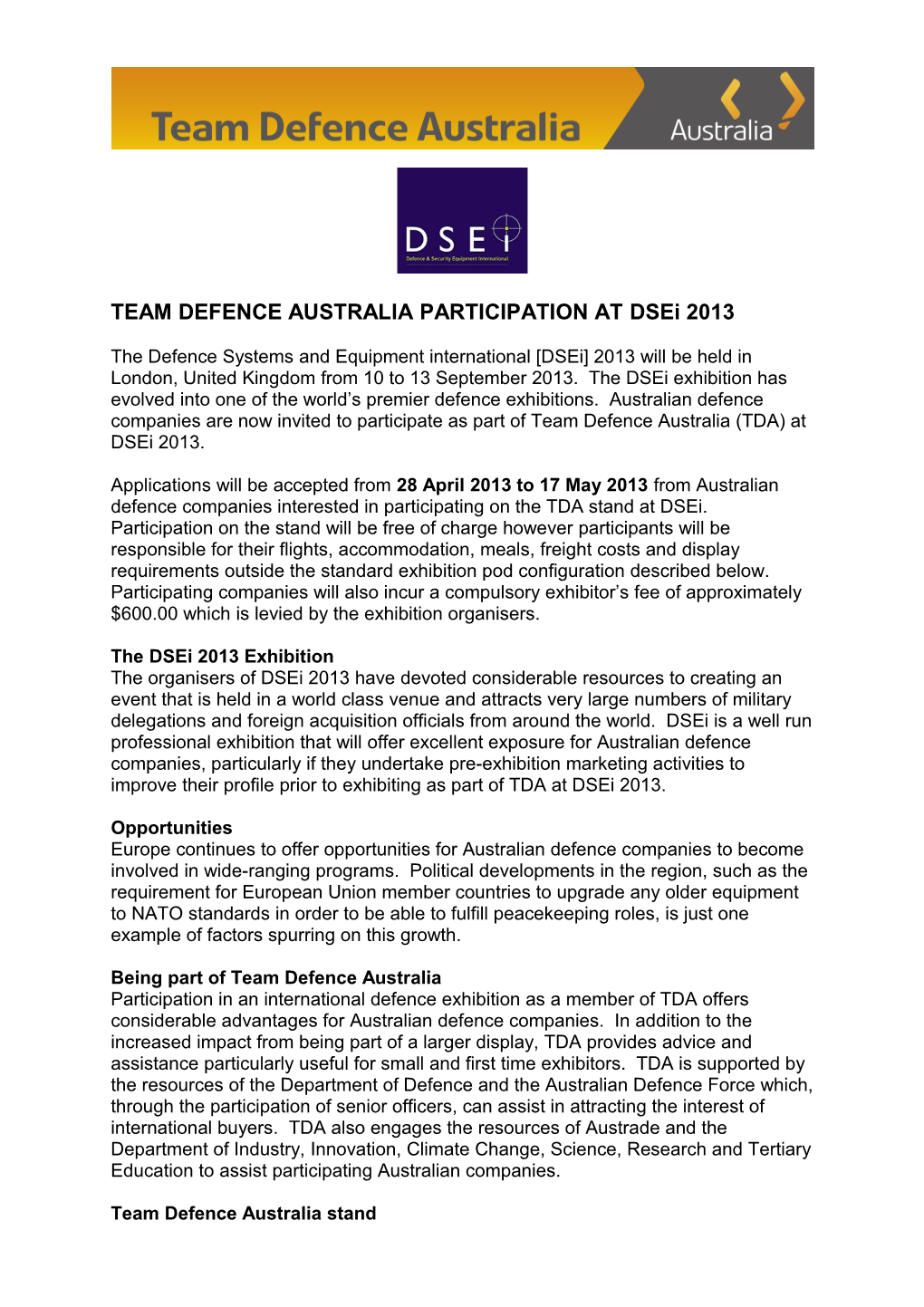 Team Defence Australia Participation at Dsei2013