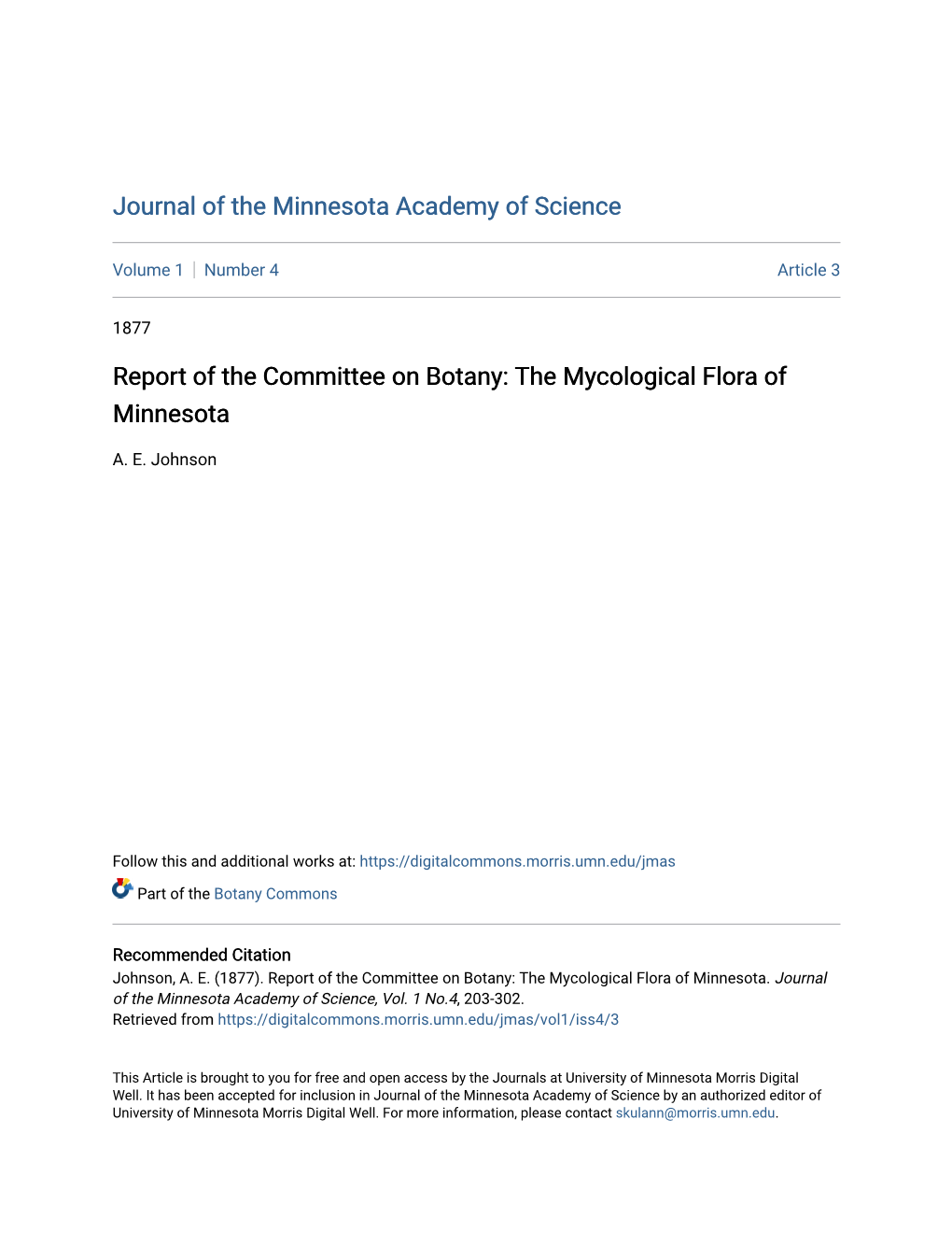 Report of the Committee on Botany: the Mycological Flora of Minnesota