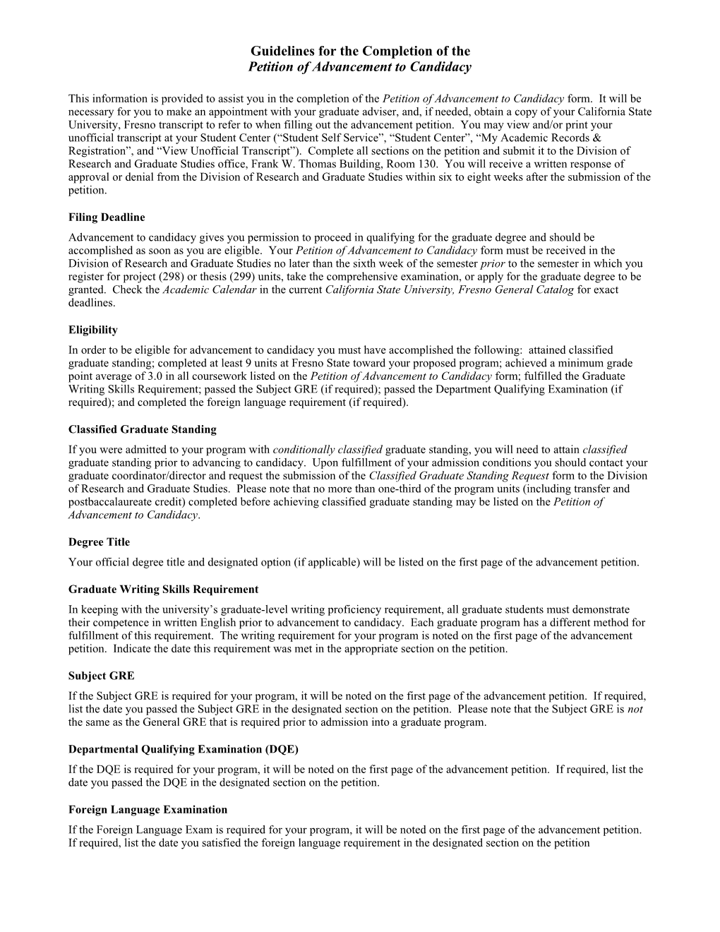 Guidelines for the Completion of the Petition of Advancement to Candidacy