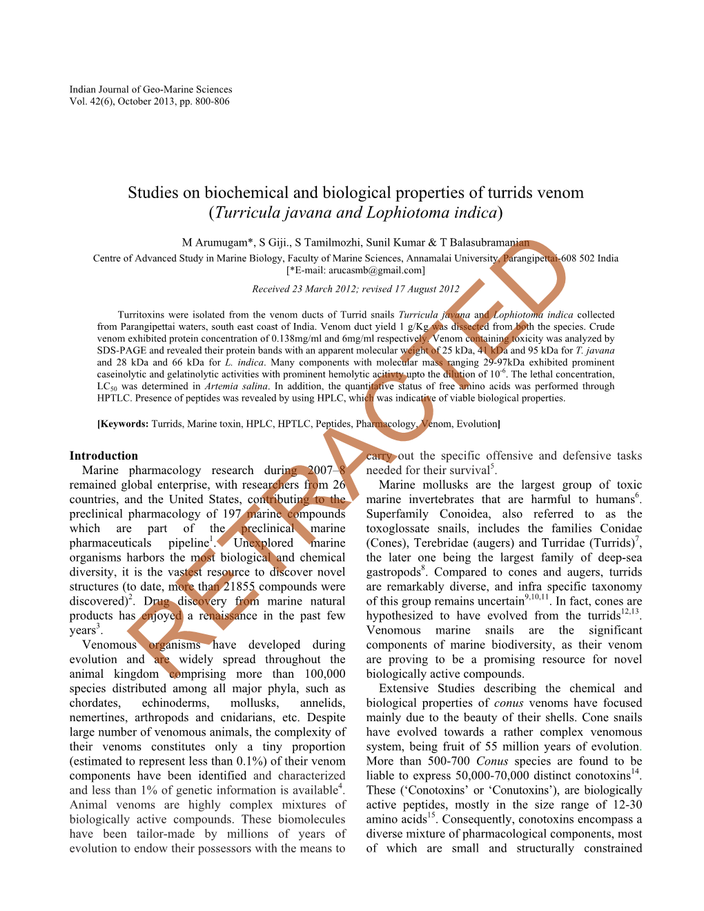 Studies on Biochemical and Biological Properties of Turrids Venom (Turricula Javana and Lophiotoma Indica)