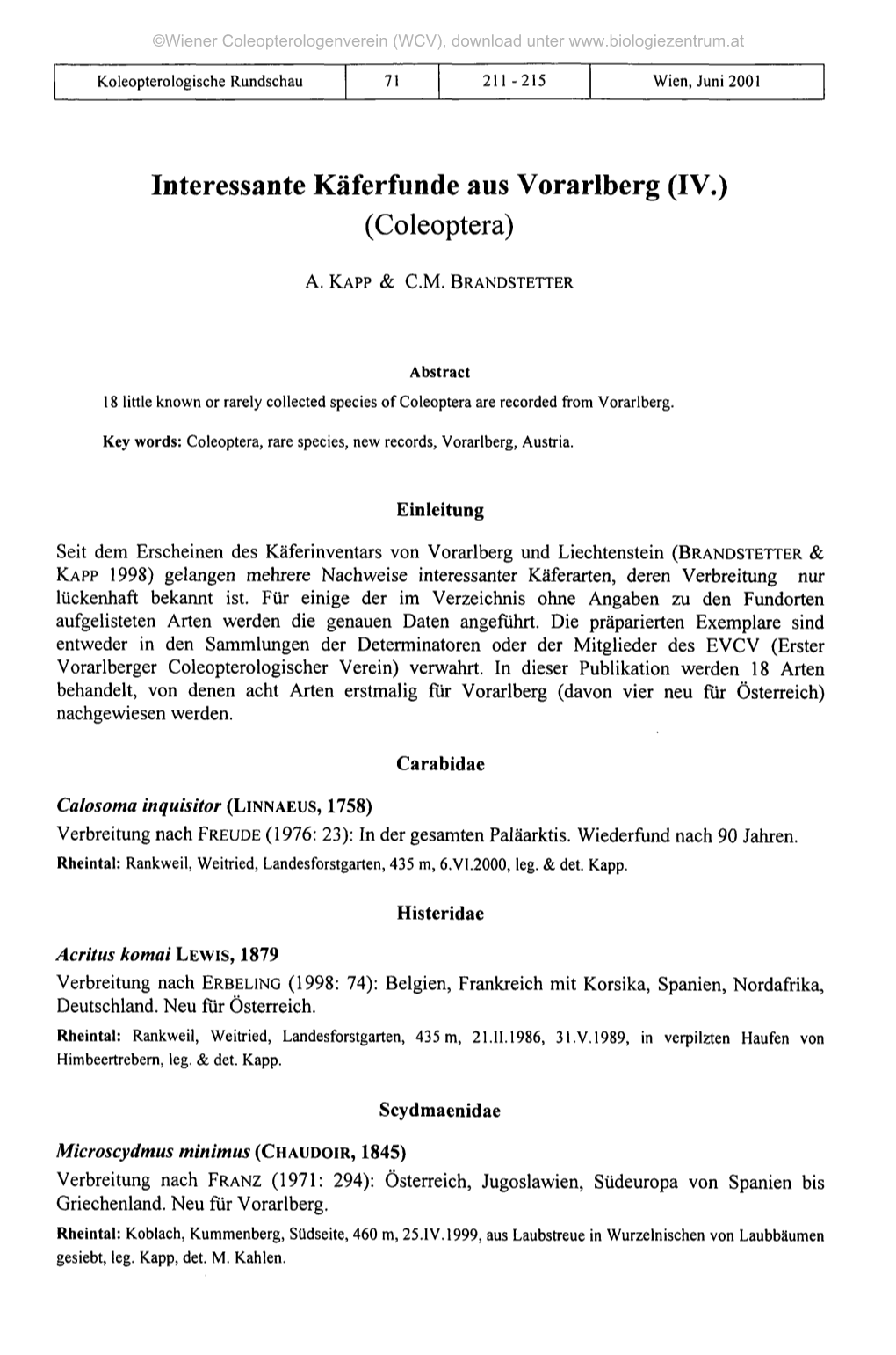 Interessante Käferfunde Aus Vorarlberg (IV.) (Coleoptera)