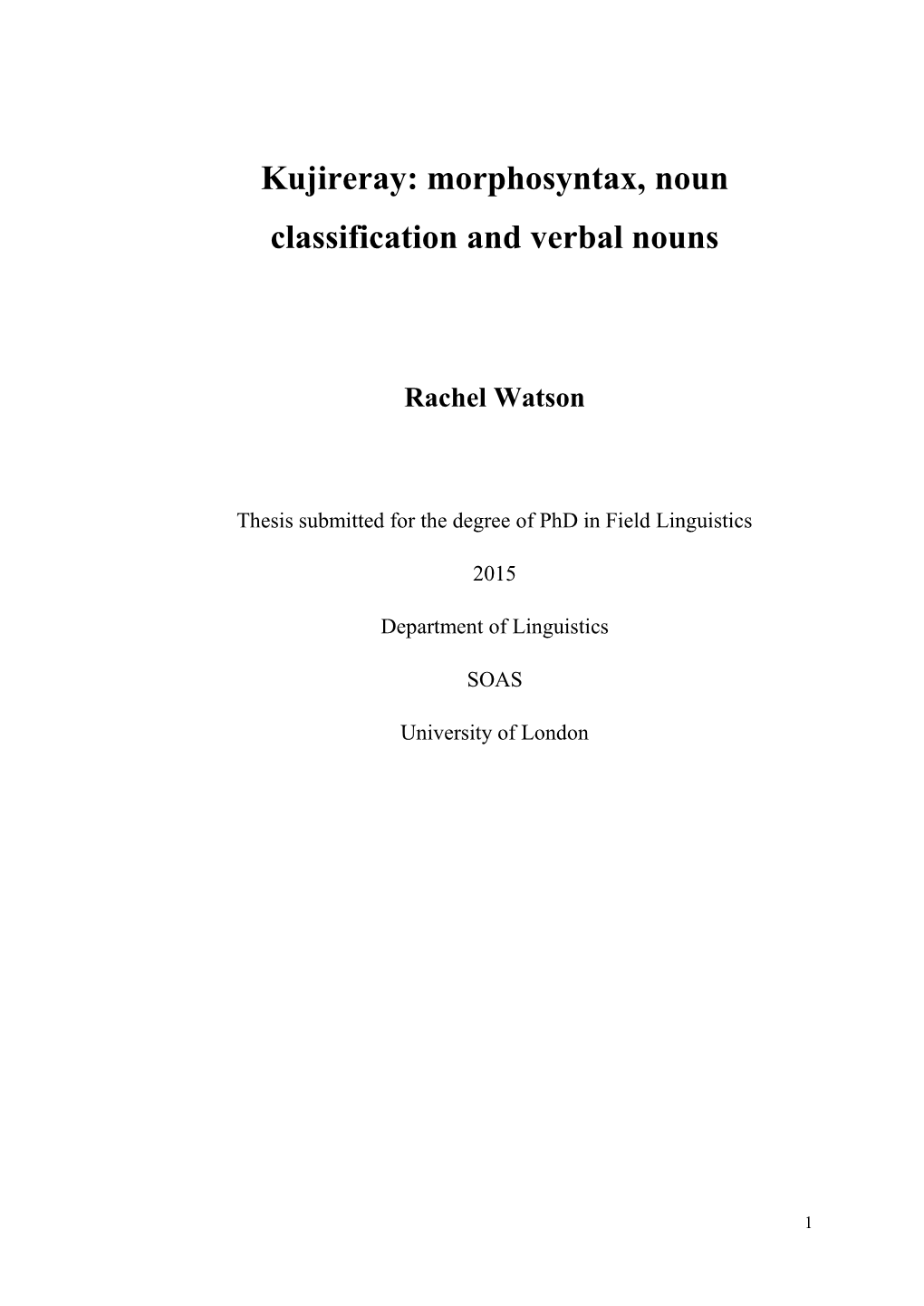 Kujireray: Morphosyntax, Noun Classification and Verbal Nouns