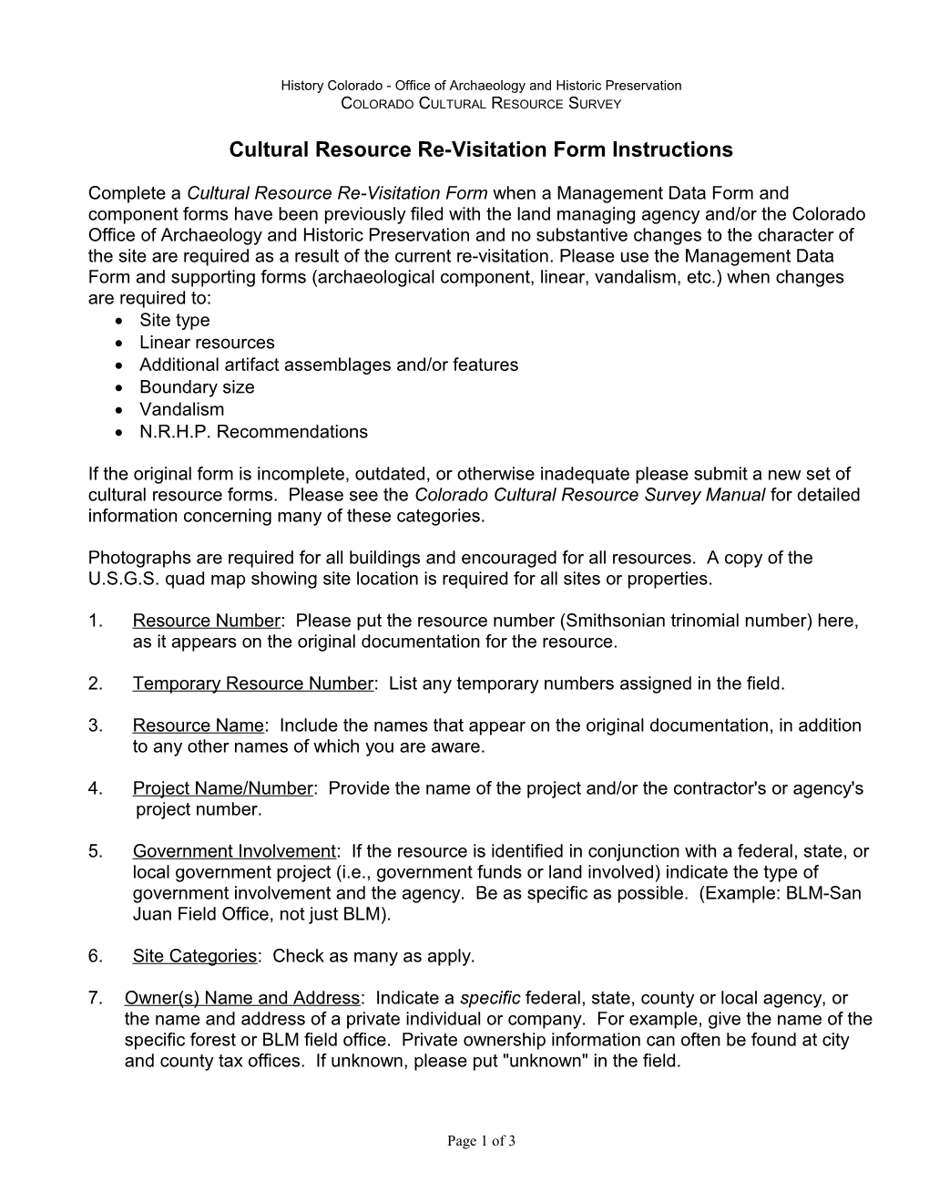 Cultural Resource Reevaluation Form Instructions - Word Version