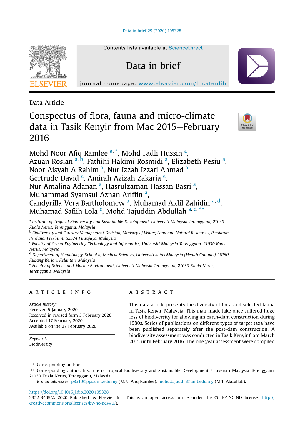 Conspectus of Flora, Fauna and Micro-Climate Data in Tasik Kenyir