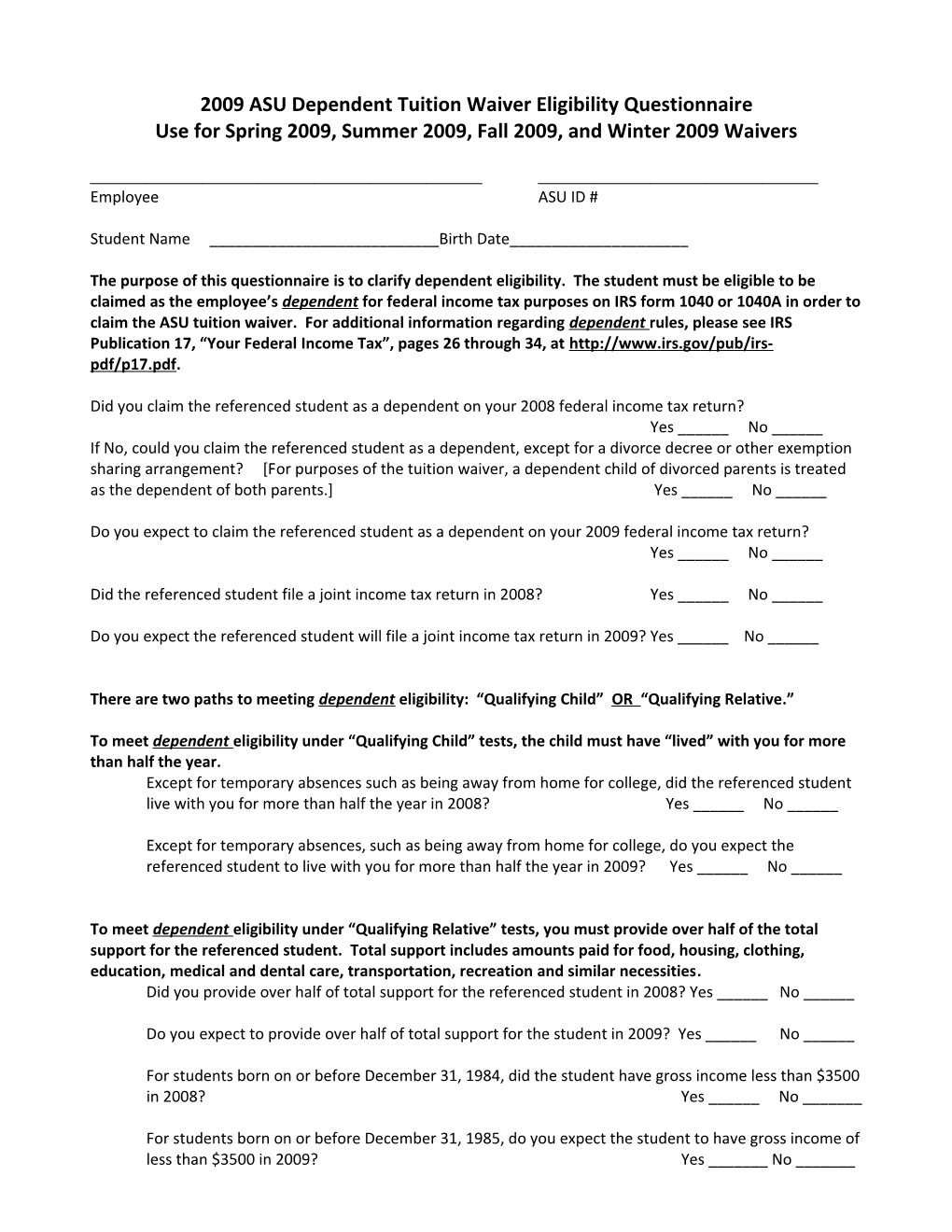 2009 ASU Dependent Tuition Waiver Eligibility Questionnaire