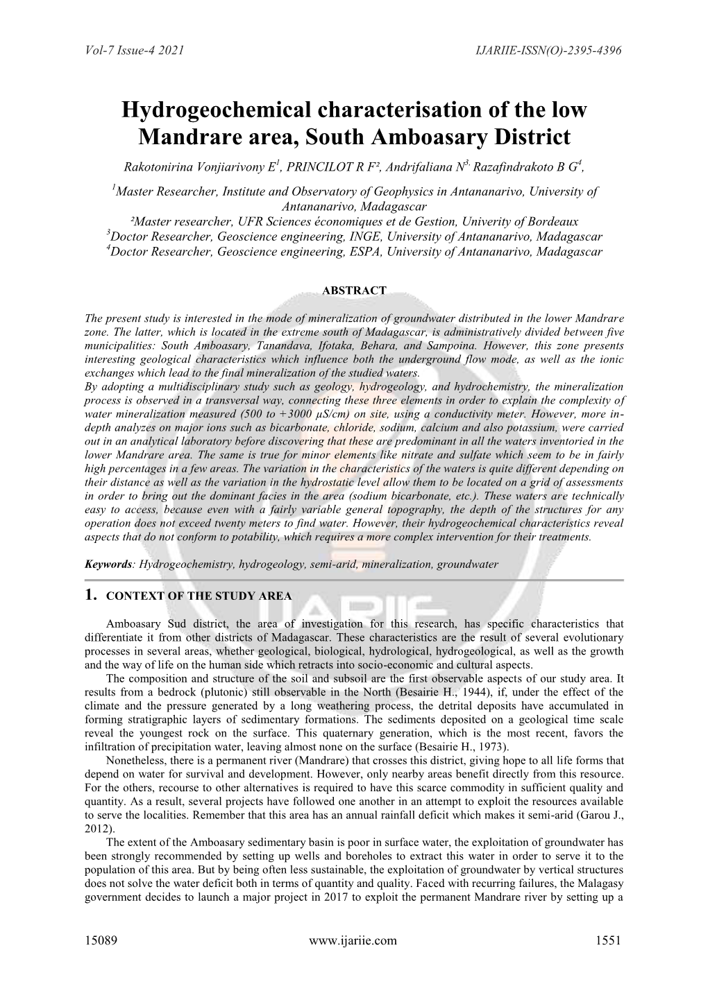 Hydrogeochemical Characterisation of the Low Mandrare Area, South