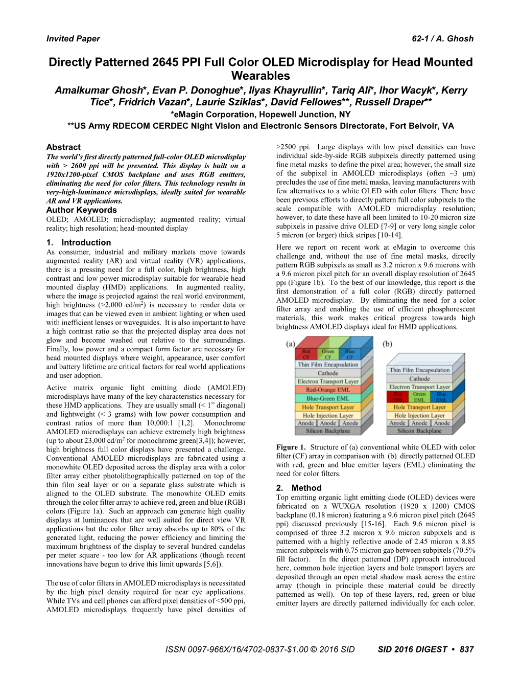 Directly Patterned 2645 PPI Full Color OLED Microdisplay for Head Mounted Wearables Amalkumar Ghosh*, Evan P