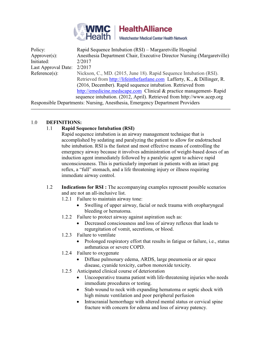 Policy: Rapid Sequence Intubation (RSI) – Margaretville Hospital