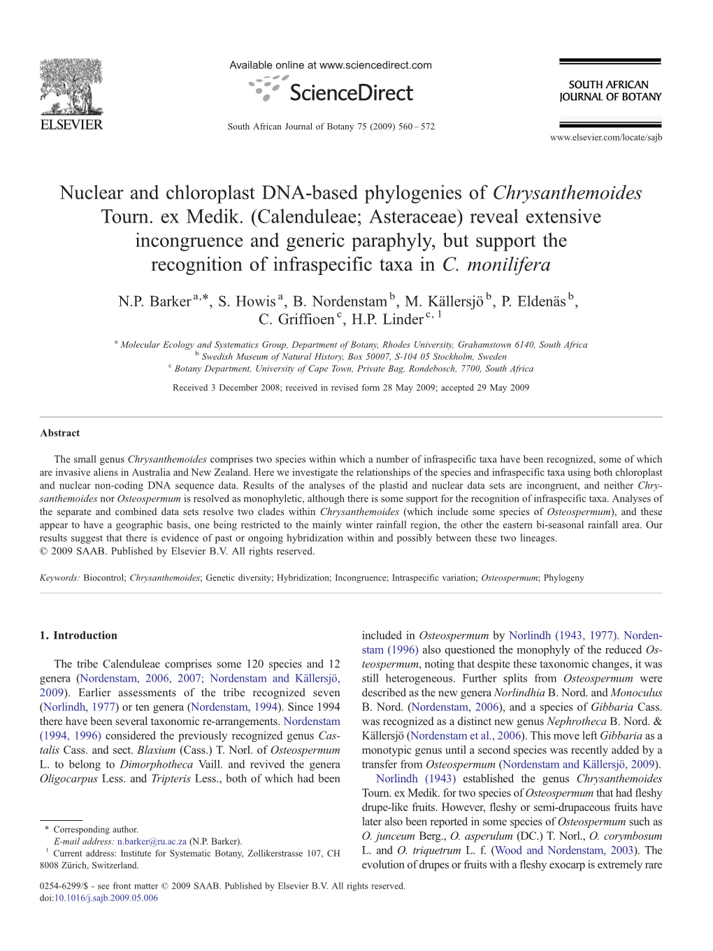 Nuclear and Chloroplast DNA-Based Phylogenies of Chrysanthemoides Tourn