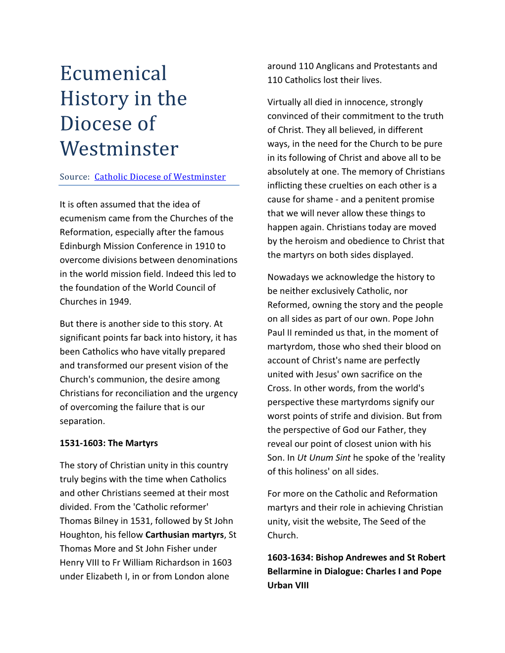 Ecumenical History in the Diocese of Westminster