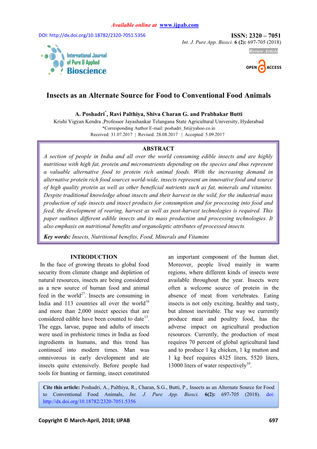 Insects As an Alternate Source for Food to Conventional Food Animals