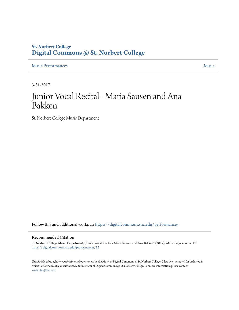 Junior Vocal Recital - Maria Sausen and Ana Bakken St