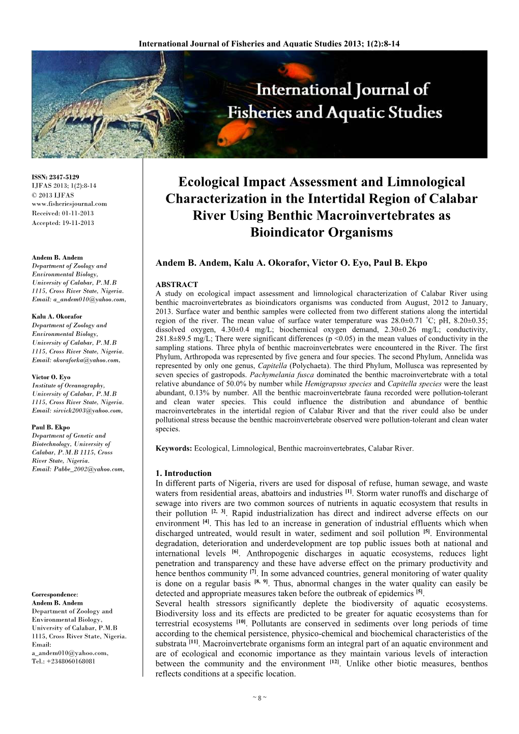 Ecological Impact Assessment and Limnological Characterization In