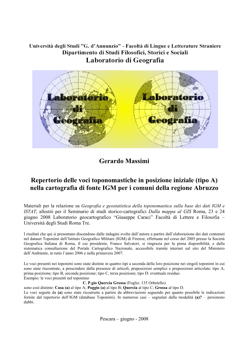 (Tipo A) Nella Cartografia Di Fonte IGM Per I Comuni Della Regione Abruzzo