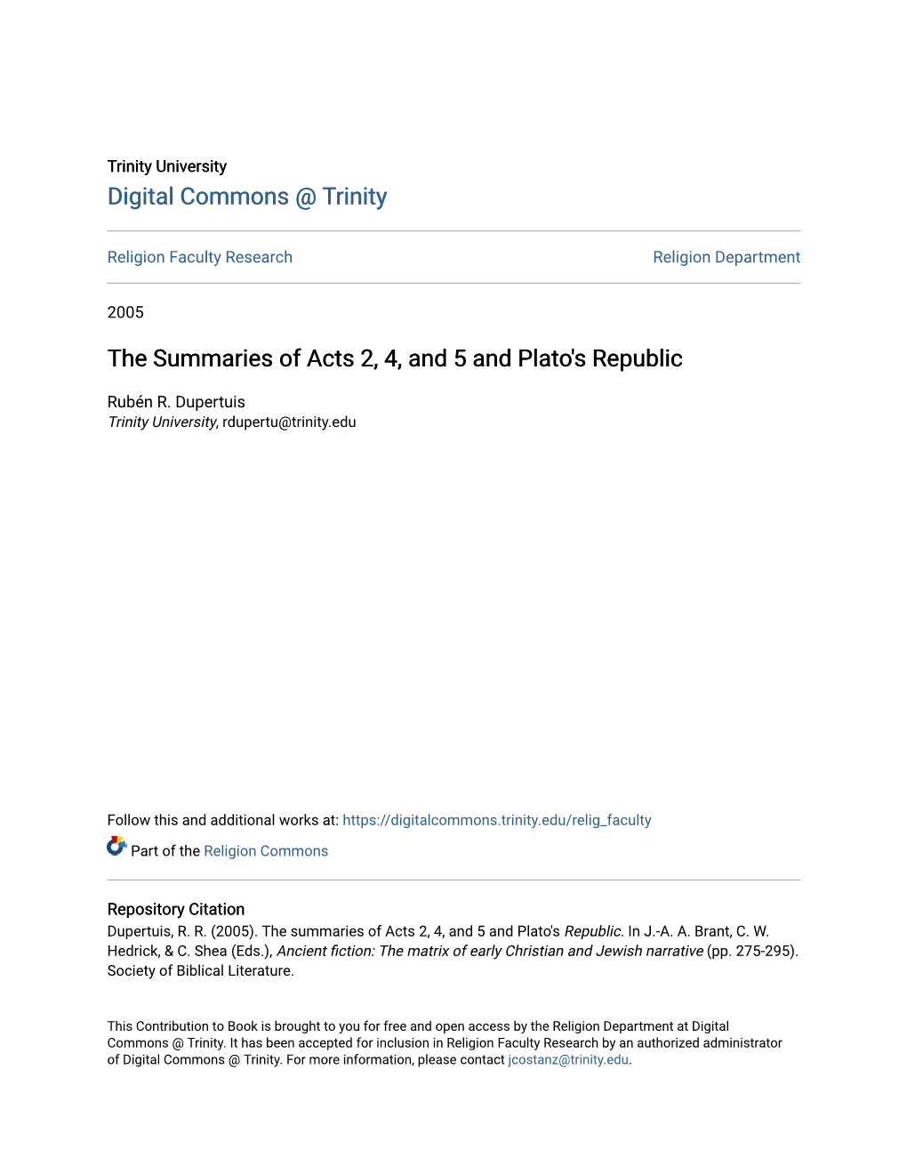 The Summaries of Acts 2, 4, and 5 and Plato's Republic