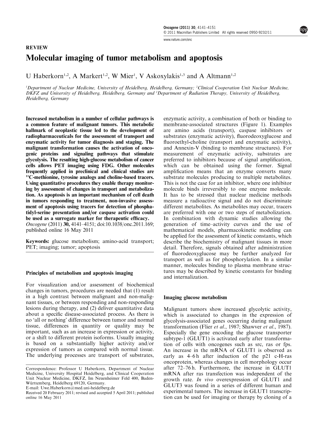Molecular Imaging of Tumor Metabolism and Apoptosis