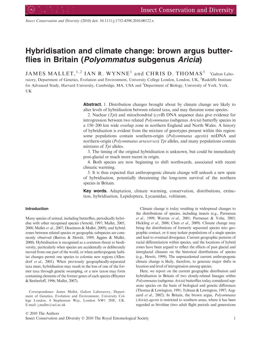 Hybridisation and Climate Change: Brown Argus Butterflies in Britain