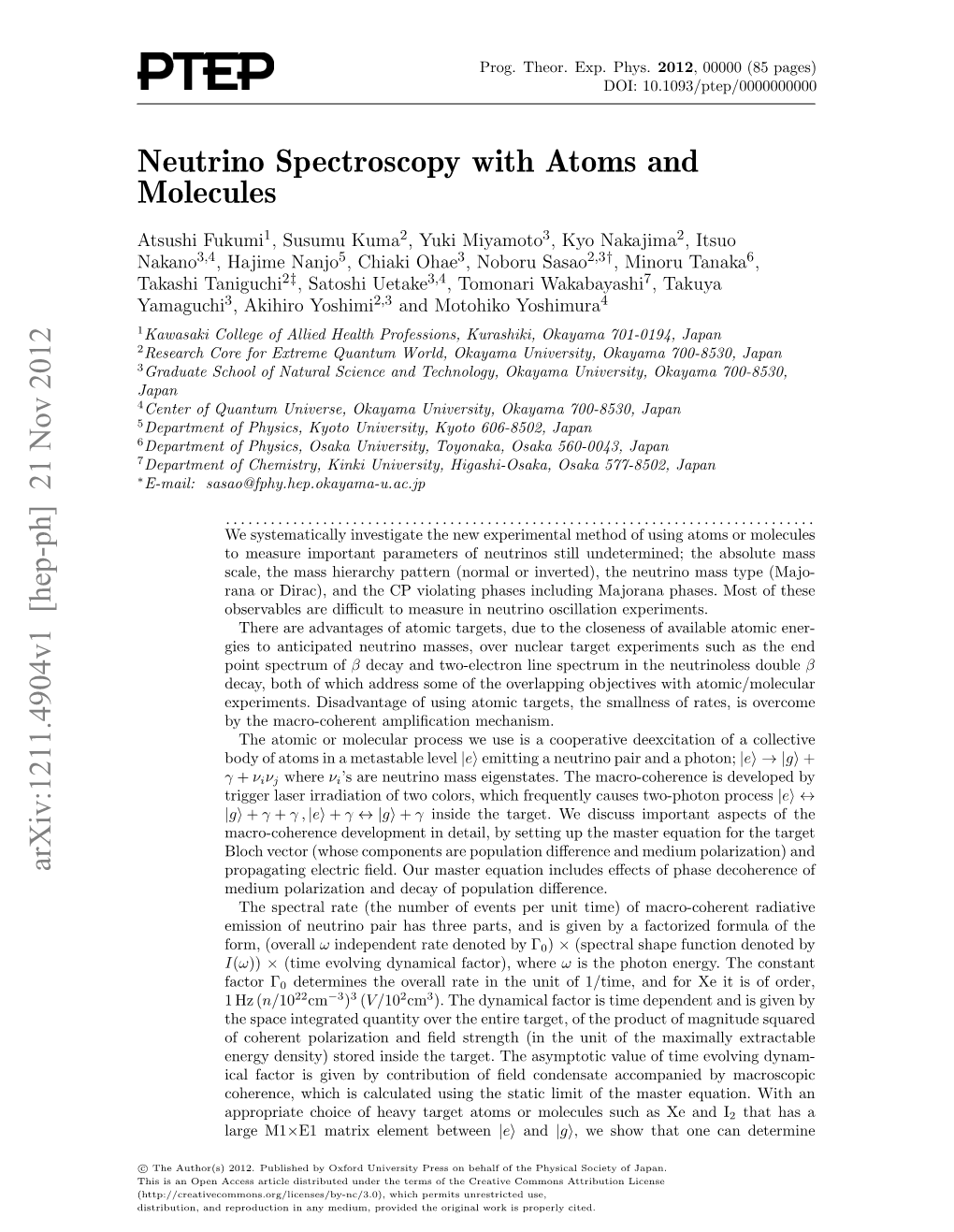 Neutrino Spectroscopy with Atoms and Molecules Arxiv:1211.4904V1 [Hep-Ph] 21 Nov 2012