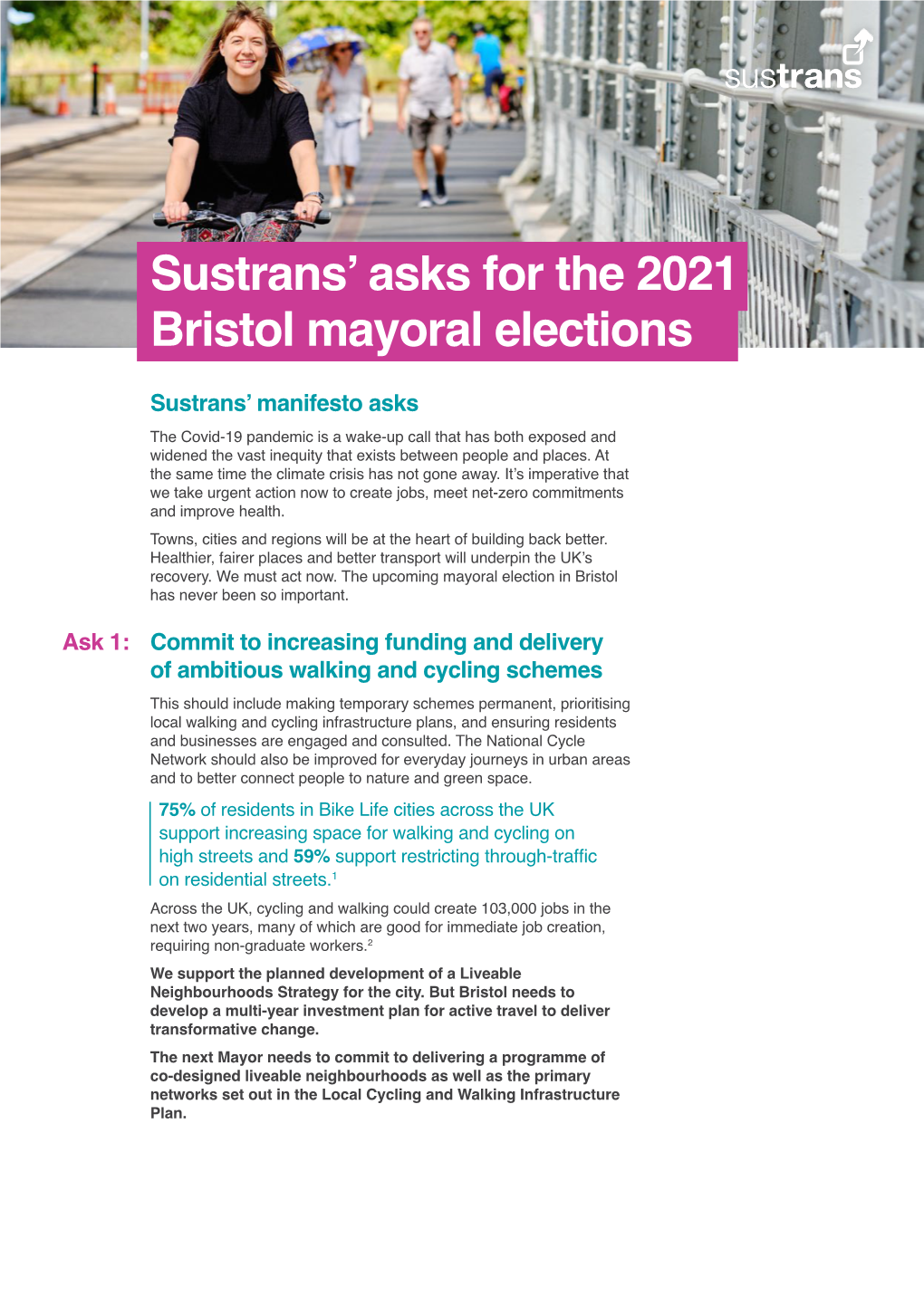 Sustrans Asks for the 2021 Bristol Mayoral Elections