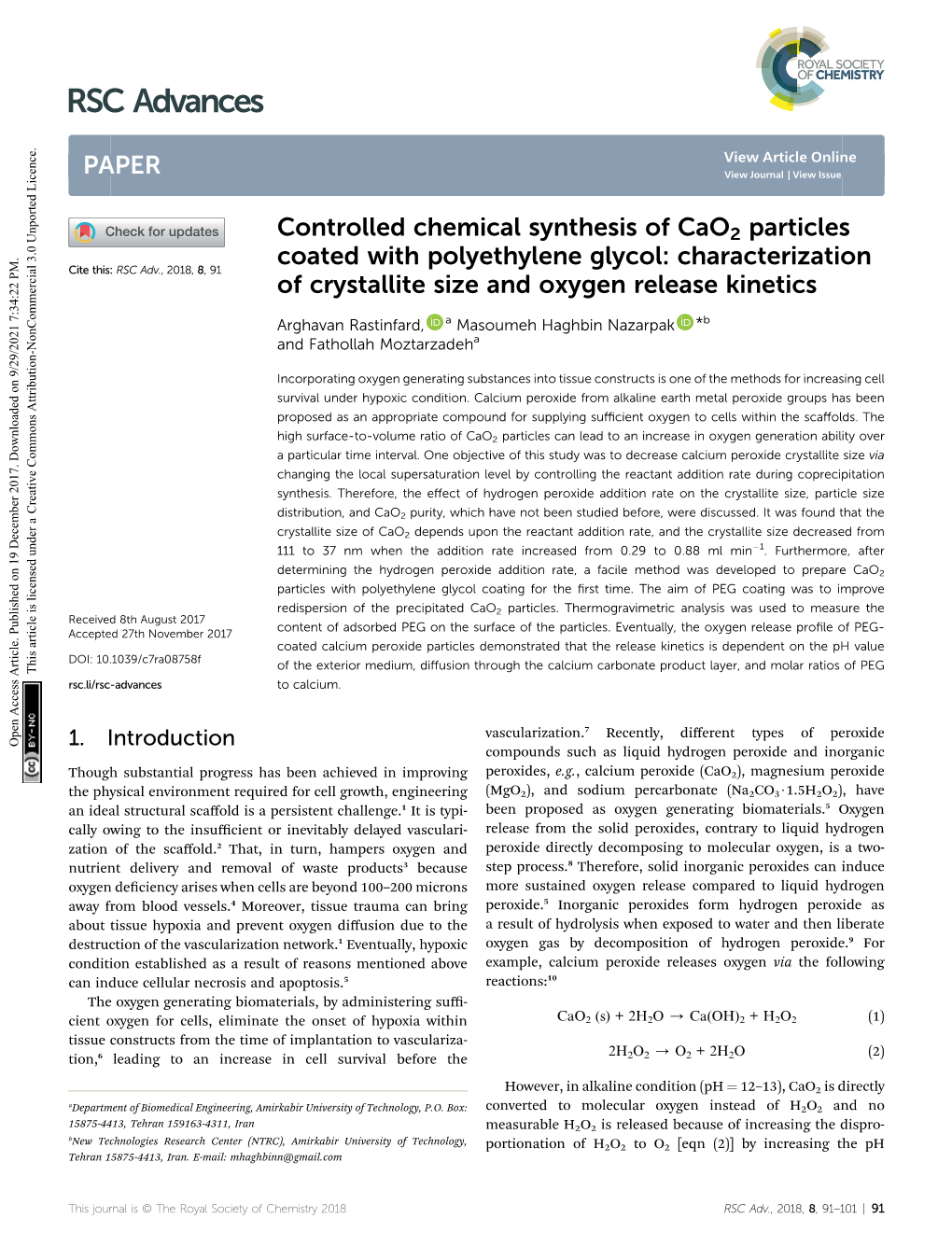 Controlled Chemical Synthesis of Cao2 Particles Coated With