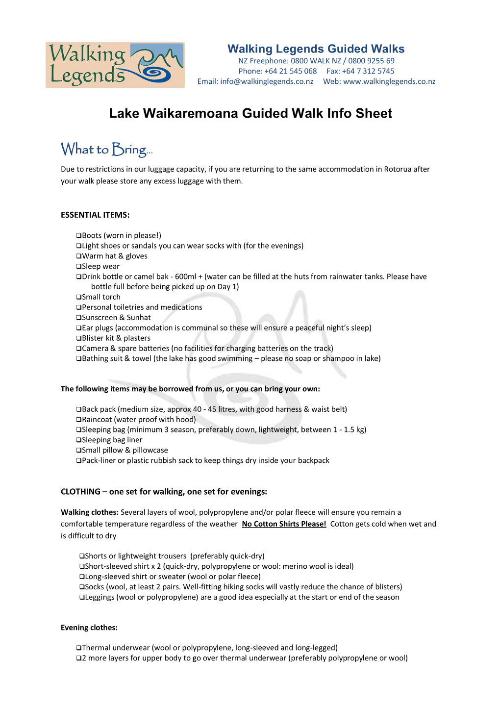 Lake Waikaremoana Guided Walk Info Sheet What to Bring
