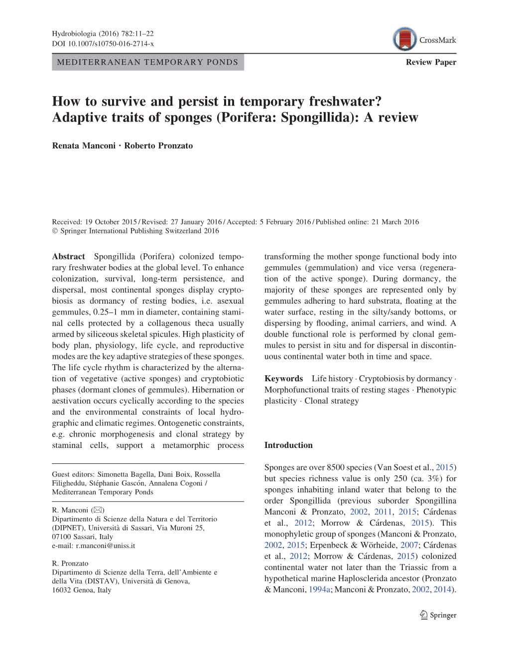 Adaptive Traits of Sponges (Porifera: Spongillida): a Review