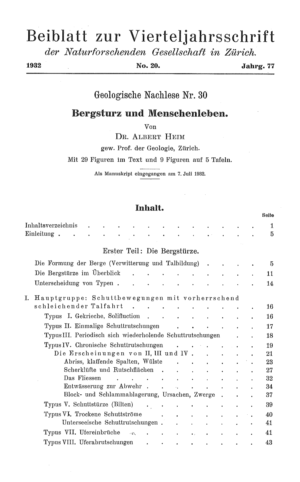 Die Bergstürze. � Die Formung Der Berge (Verwitterung Und Talbildung) 5 � Die Bergstürze Im Überblick 11 Unterscheidung Von Typen .� 14