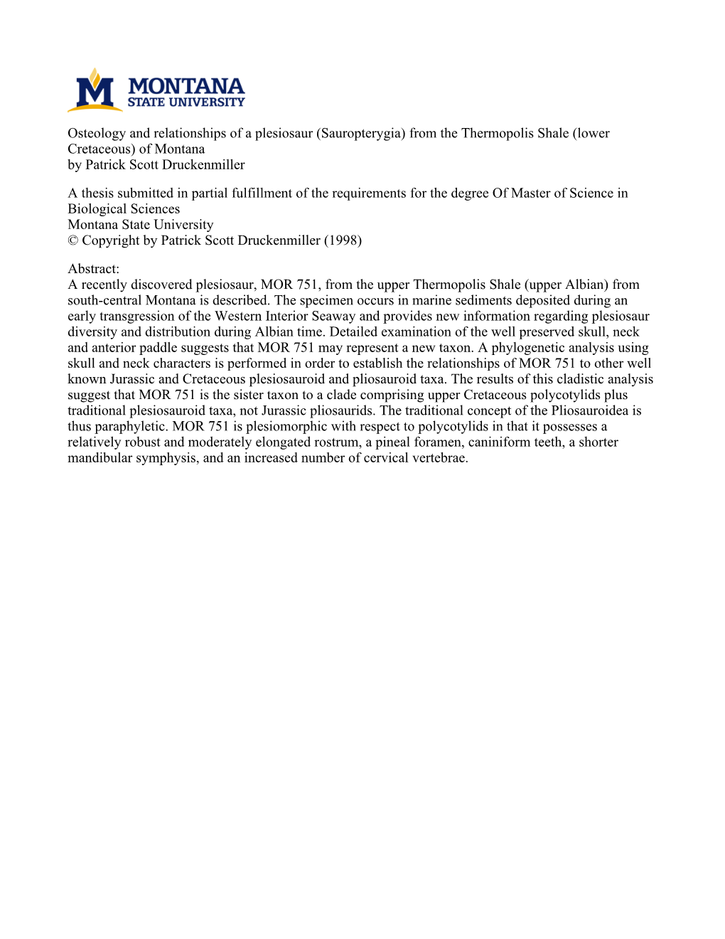 Osteology and Relationships of a Plesiosaur