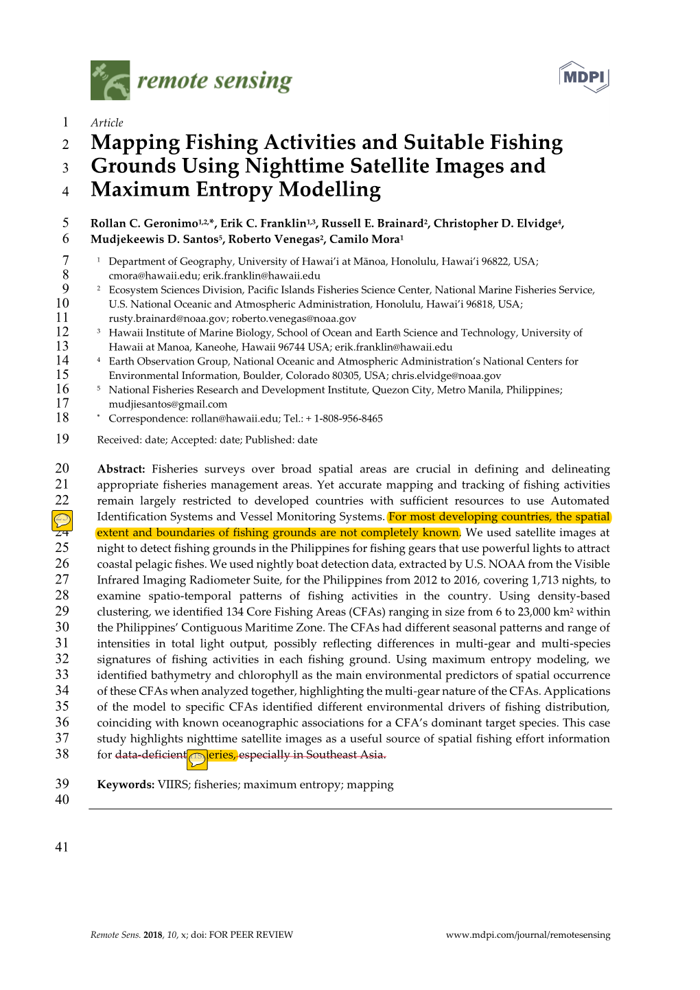 Mapping Fishing Activities and Suitable Fishing 3 Grounds Using Nighttime Satellite Images and 4 Maximum Entropy Modelling