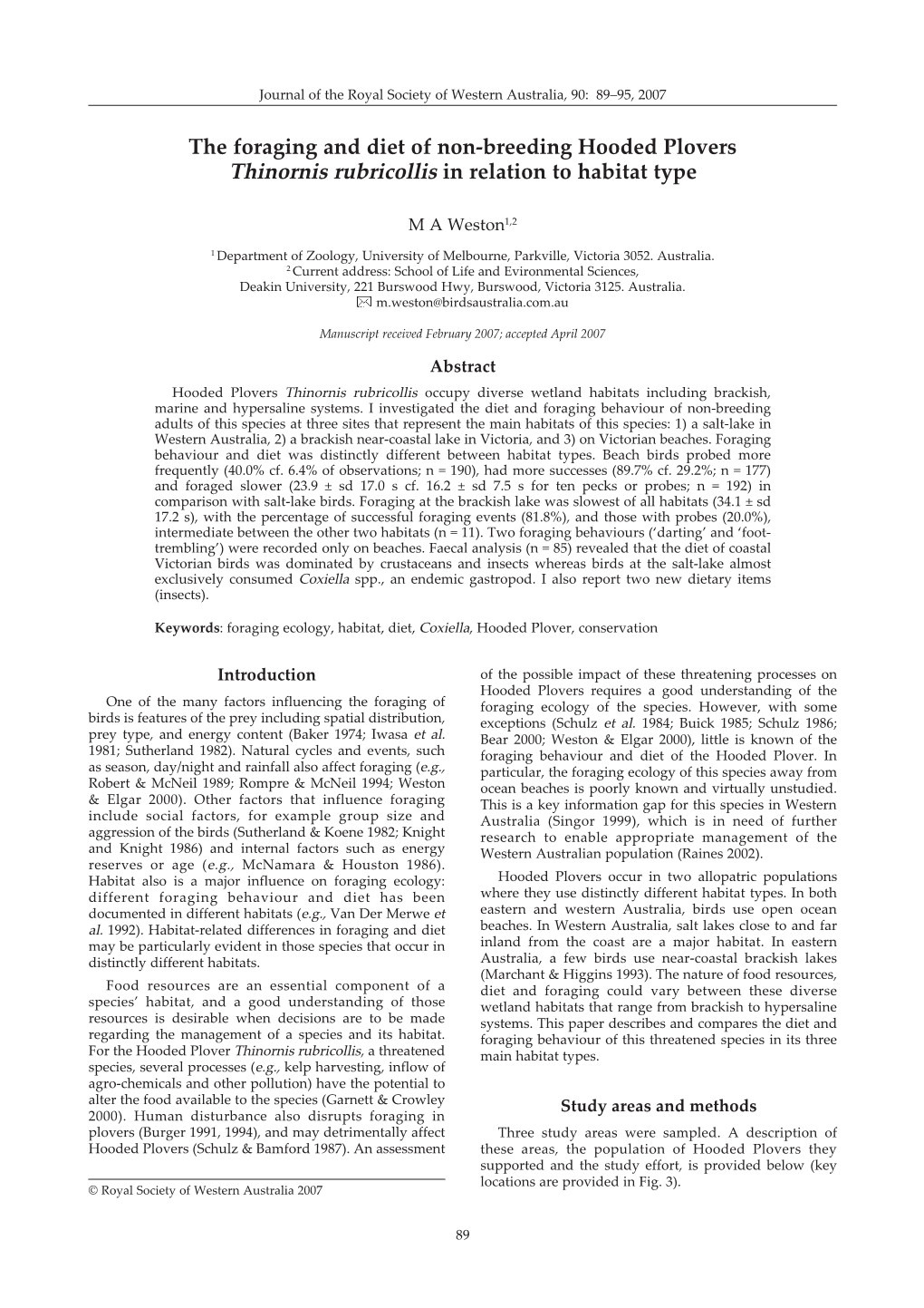 The Foraging and Diet of Non-Breeding Hooded Plovers Thinornis Rubricollis in Relation to Habitat Type