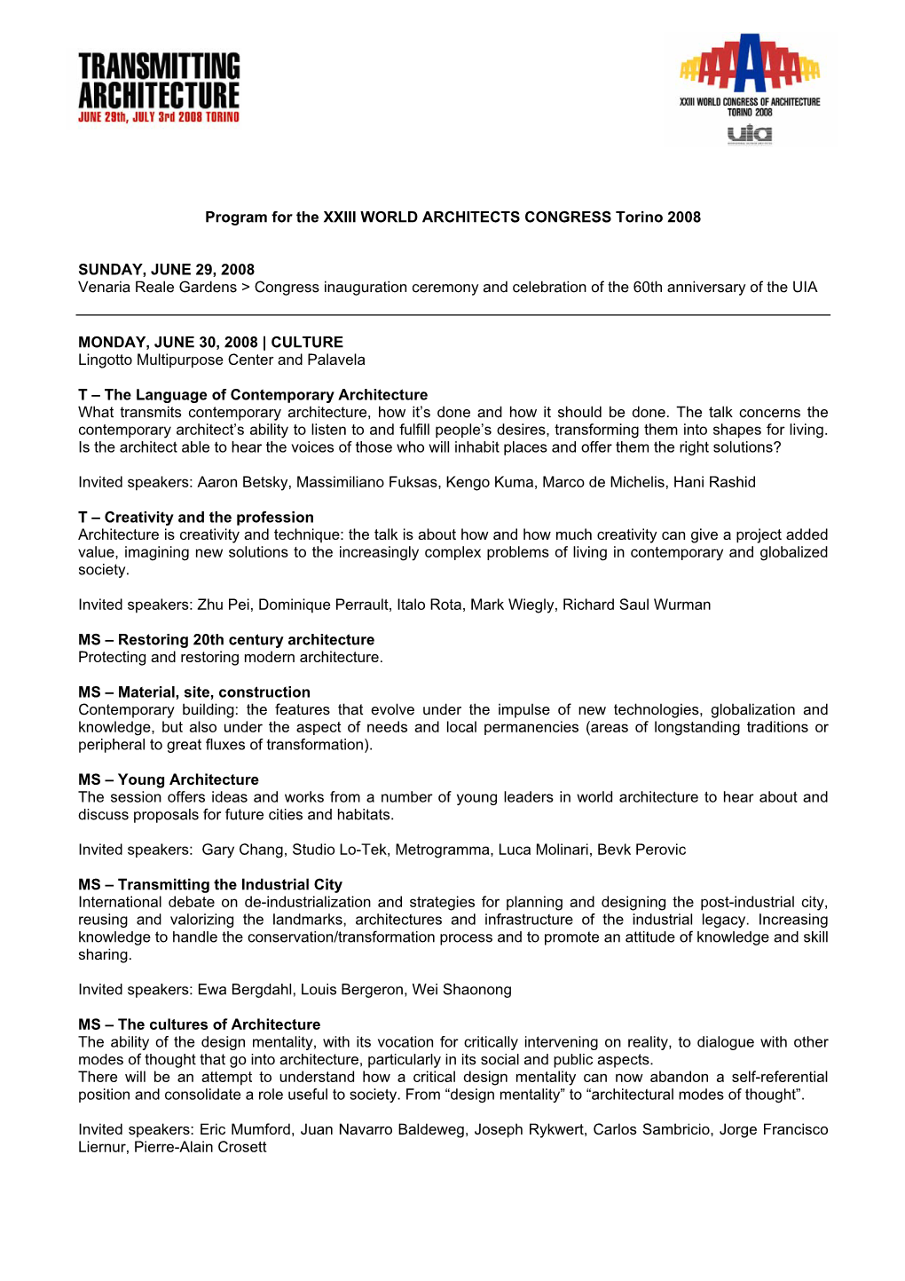 Program for the XXIII WORLD ARCHITECTS CONGRESS Torino 2008