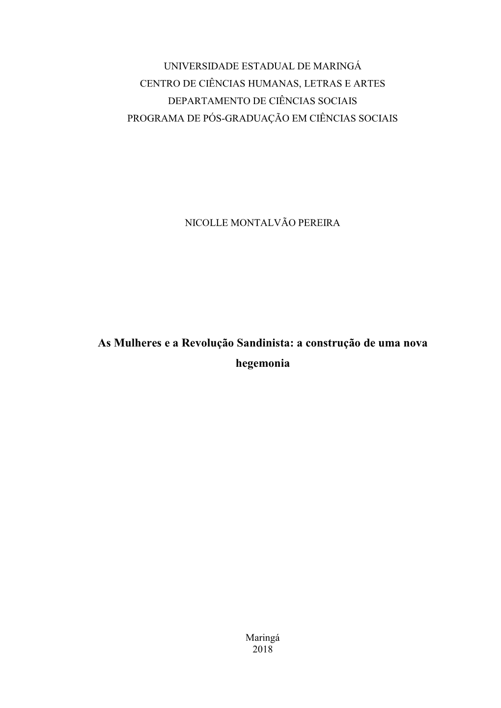 As Mulheres E a Revolução Sandinista: a Construção De Uma Nova Hegemonia