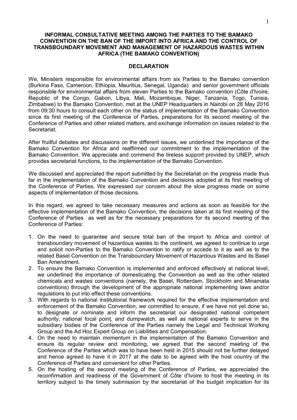 Consultative Meeting Bamako Convention Declaration