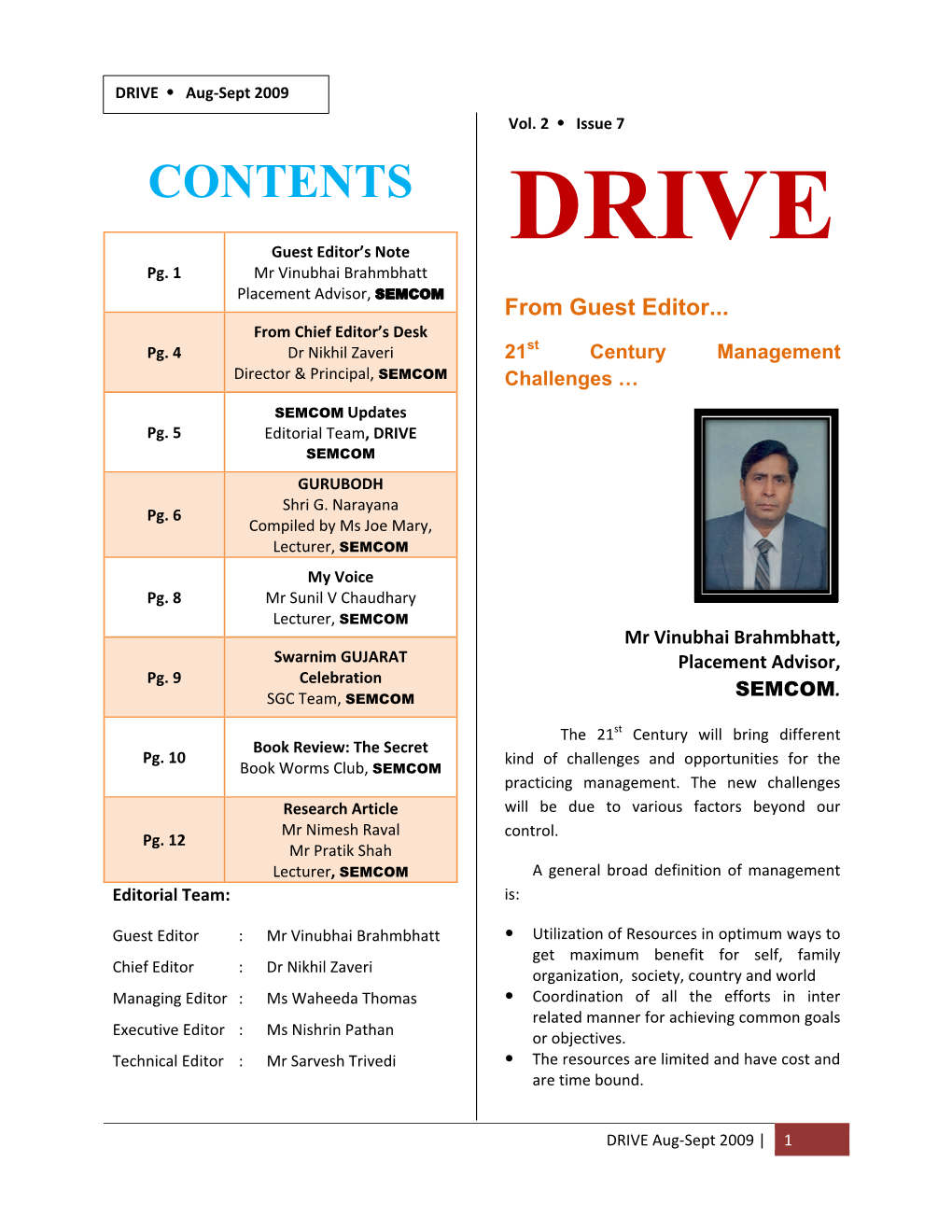 CONTENTS DRIVE Guest Editor’S Note Pg