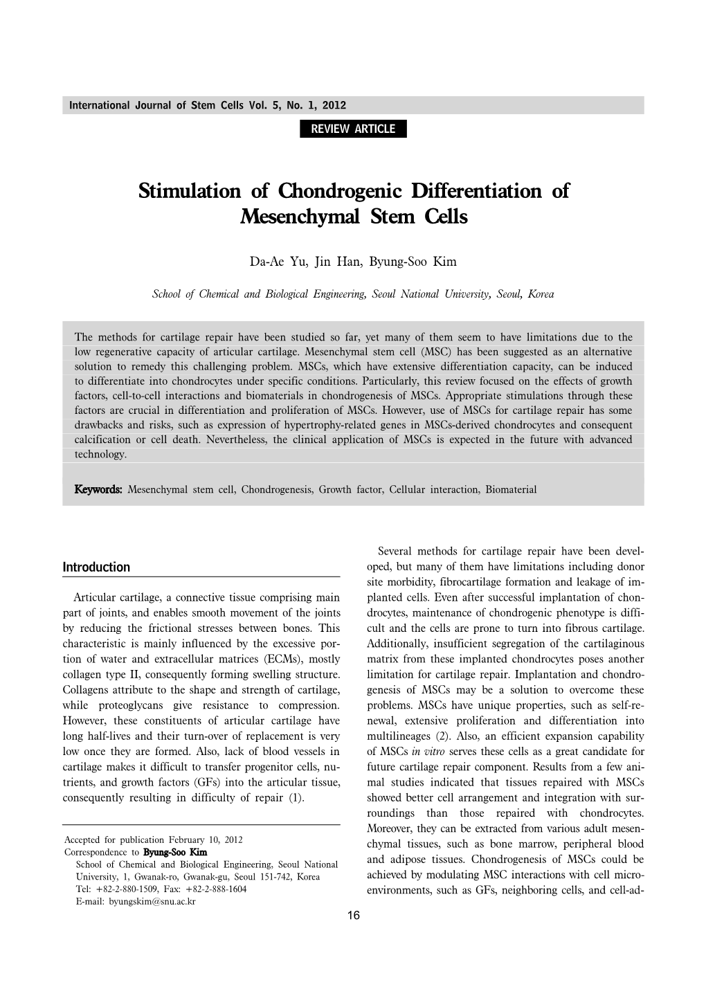 Stimulation of Chondrogenic Differentiation of Mesenchymal Stem Cells