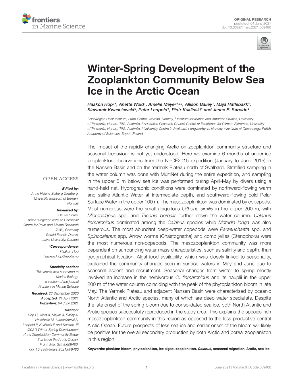 Winter-Spring Development of the Zooplankton Community Below Sea Ice in the Arctic Ocean