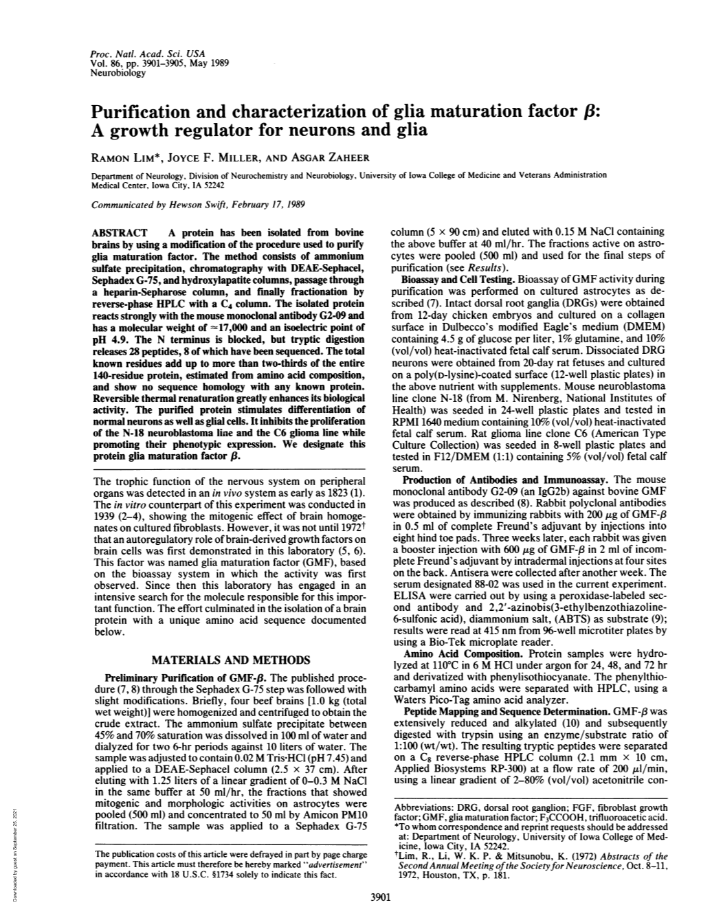 Purification and Characterization of Glia Maturation Factor F8: a Growth Regulator for Neurons and Glia RAMON LIM*, JOYCE F
