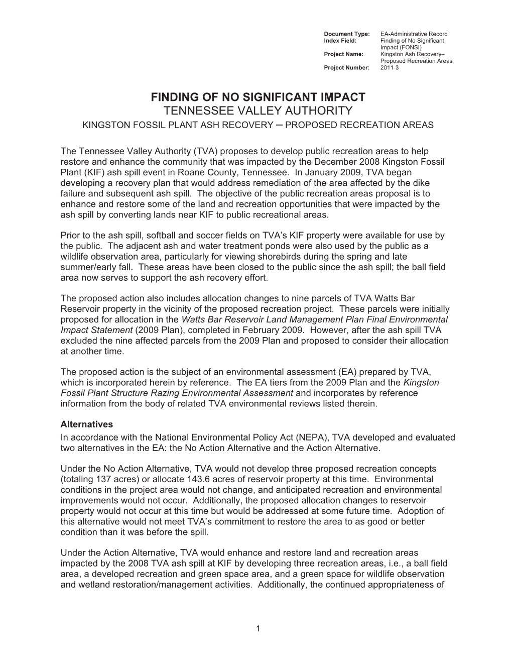 Finding of No Significant Impact Tennessee Valley Authority Kingston Fossil Plant Ash Recovery – Proposed Recreation Areas