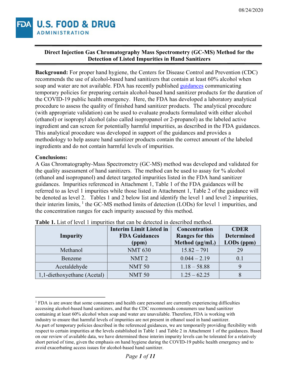 GC-MS) Method for the Detection of Listed Impurities in Hand Sanitizers